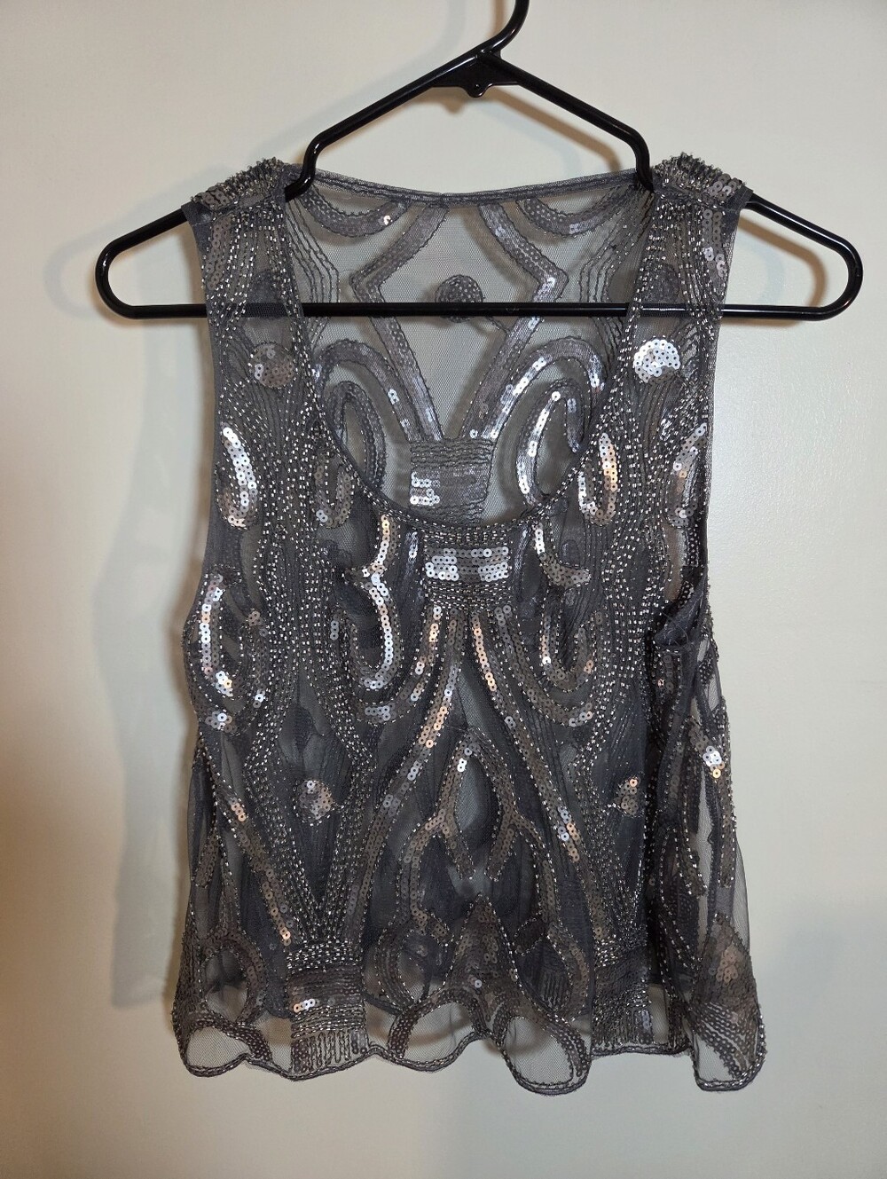 Art Deco Beaded Sequin Mesh Top Sheer Gunmetal Gray Whimsigoth Festival Tank